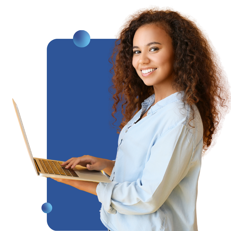 A smiling female freelancer holds her laptop